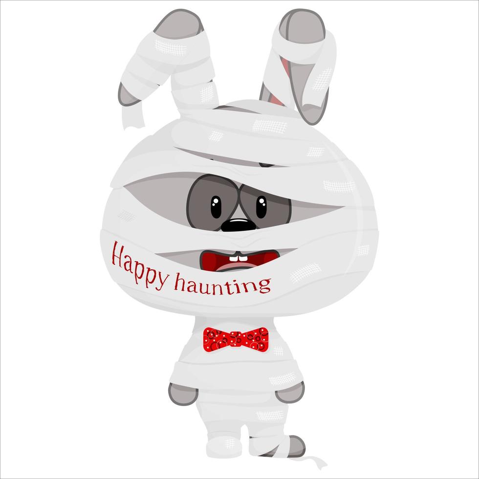 Cute little Halloween rabbit in a mummy costume. Simple vector illustration.