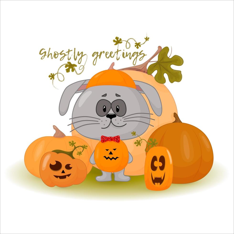 Rabbit with halloween pumpkin. A rabbit in a pumpkin costume surrounded by pumpkins. vector