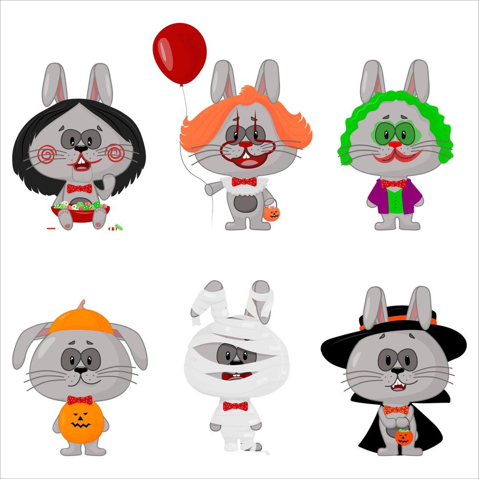 Bunnies dressed up in Halloween costumes. Flat design vector illustration