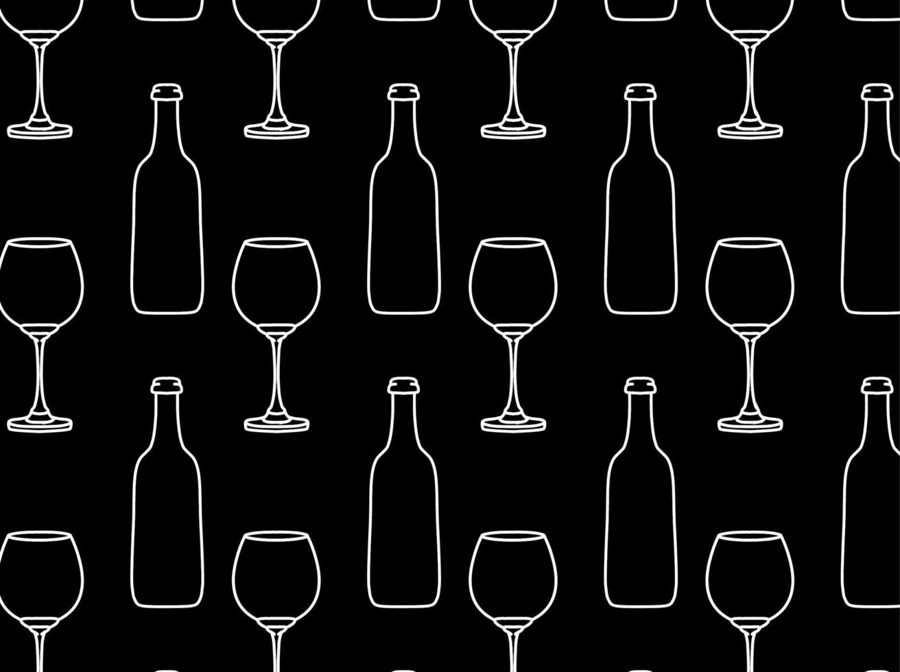 White Outline Wine Glass and Bottle Seamless Background Pattern vector