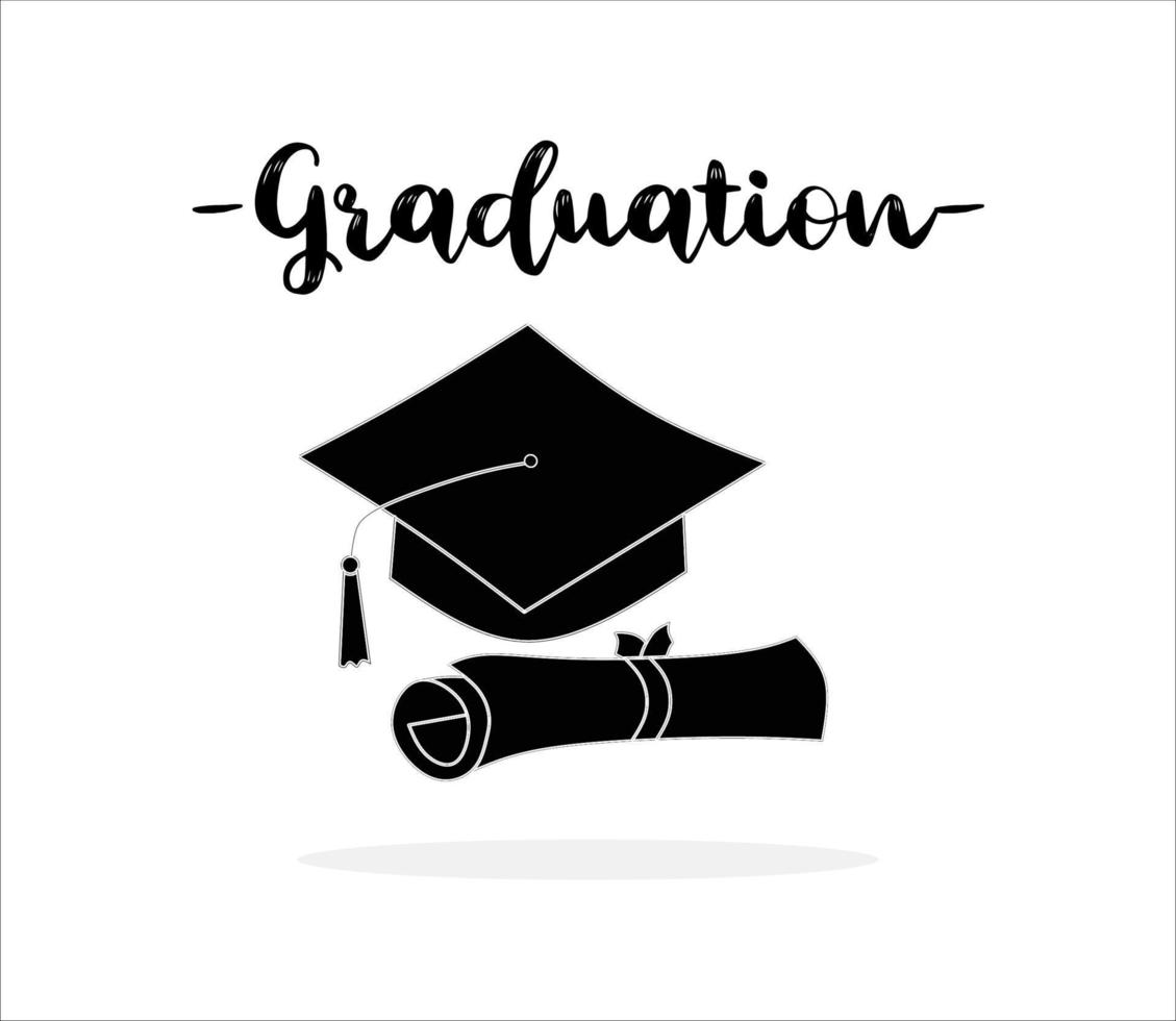 Illustrations of Graduation Hat and Diploma Black Vector Isolated on a White Background