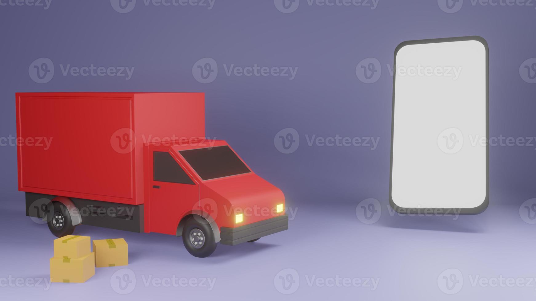 Package online shopping and delivery. Heap of boxes and red pickup truck on purple background. 3d render photo