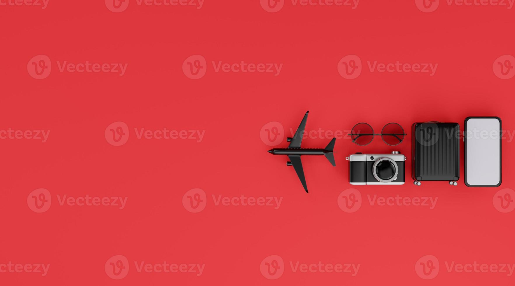 White screen mobile mockup with airplane, camera, luggage, and sunglasses over red background travel concept. 3d rendering photo