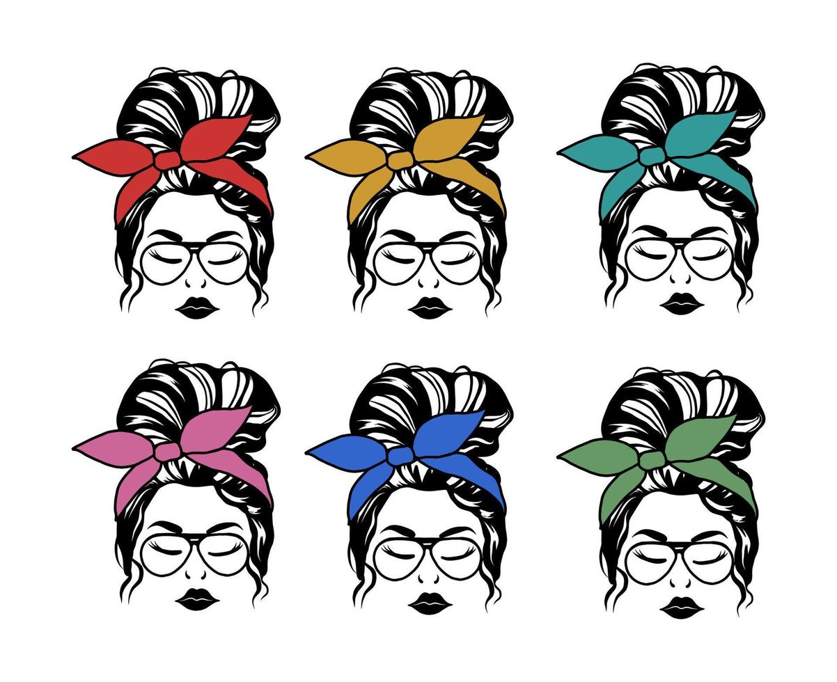 Collection of Girl Hair Bun with Bandana Colorful Vector