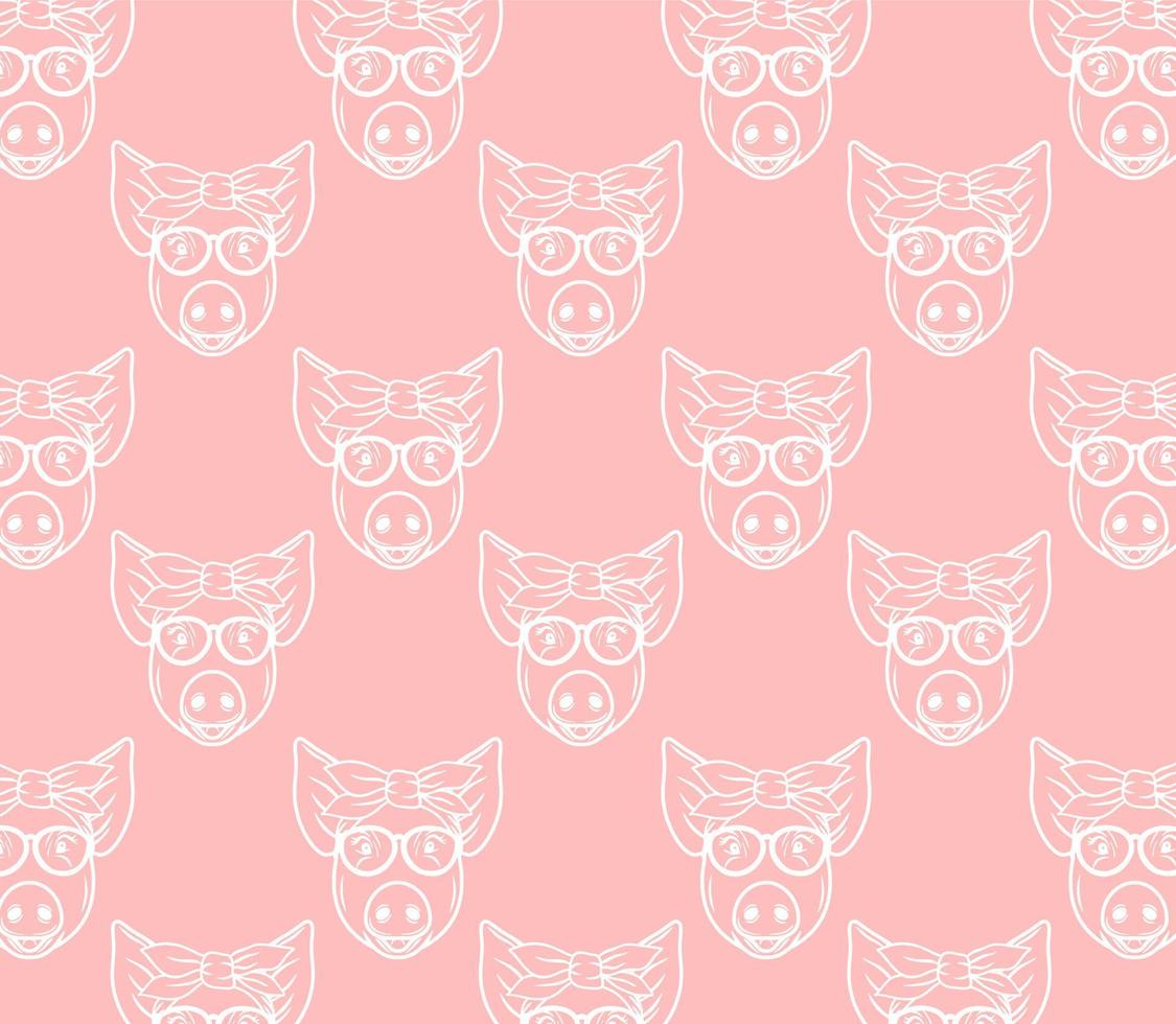 Seamless Pattern Head pig with Glasses and Bandana Cute Outline vector