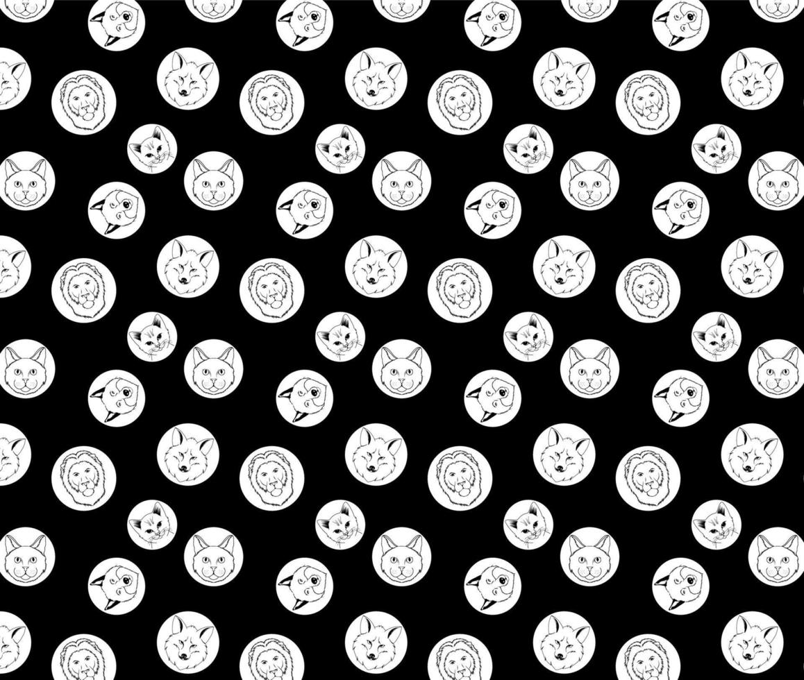 Seamless Pattern of Animal Head Icon Black and White Vector