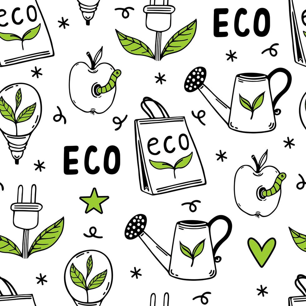 Eco doodles seamless vector pattern. Symbols of environmental care - bioenergy, organic food. Go green, zero waste. Bio power, natural product. Background for wallpapers, posters, wrapping
