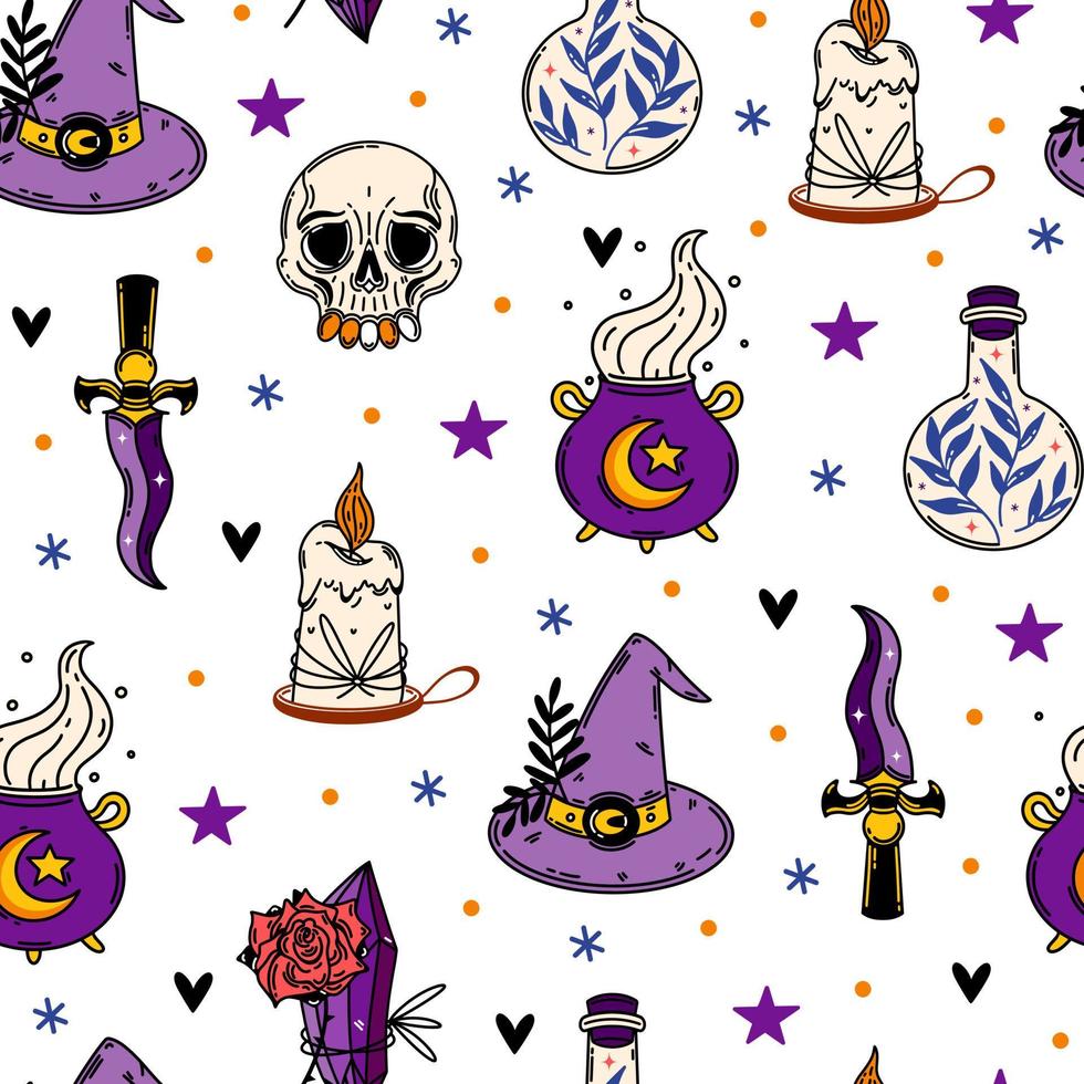 Halloween seamless vector pattern. Autumn holiday symbol - witch hat, ritual blade, magic elixir, candle, cauldron, crystal. Bright flat illustration, cartoon. Background for wallpaper, wrapping, web