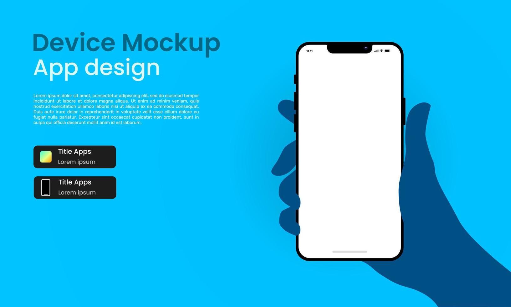 Modern hand-holding smartphone on blue background. Smartphone device mockup for UI UX app presentation. Vector Illustration