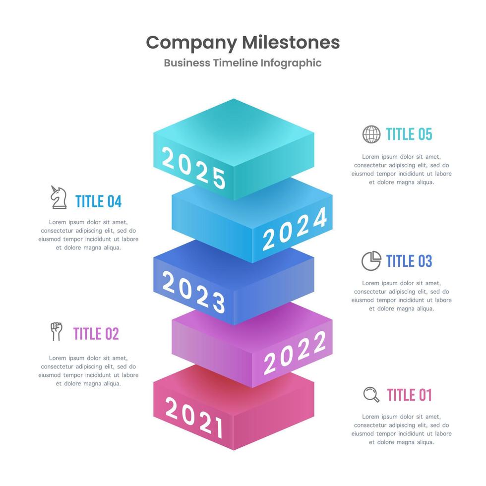 historia de la empresa 5 años cajas verticales infográficas. vector