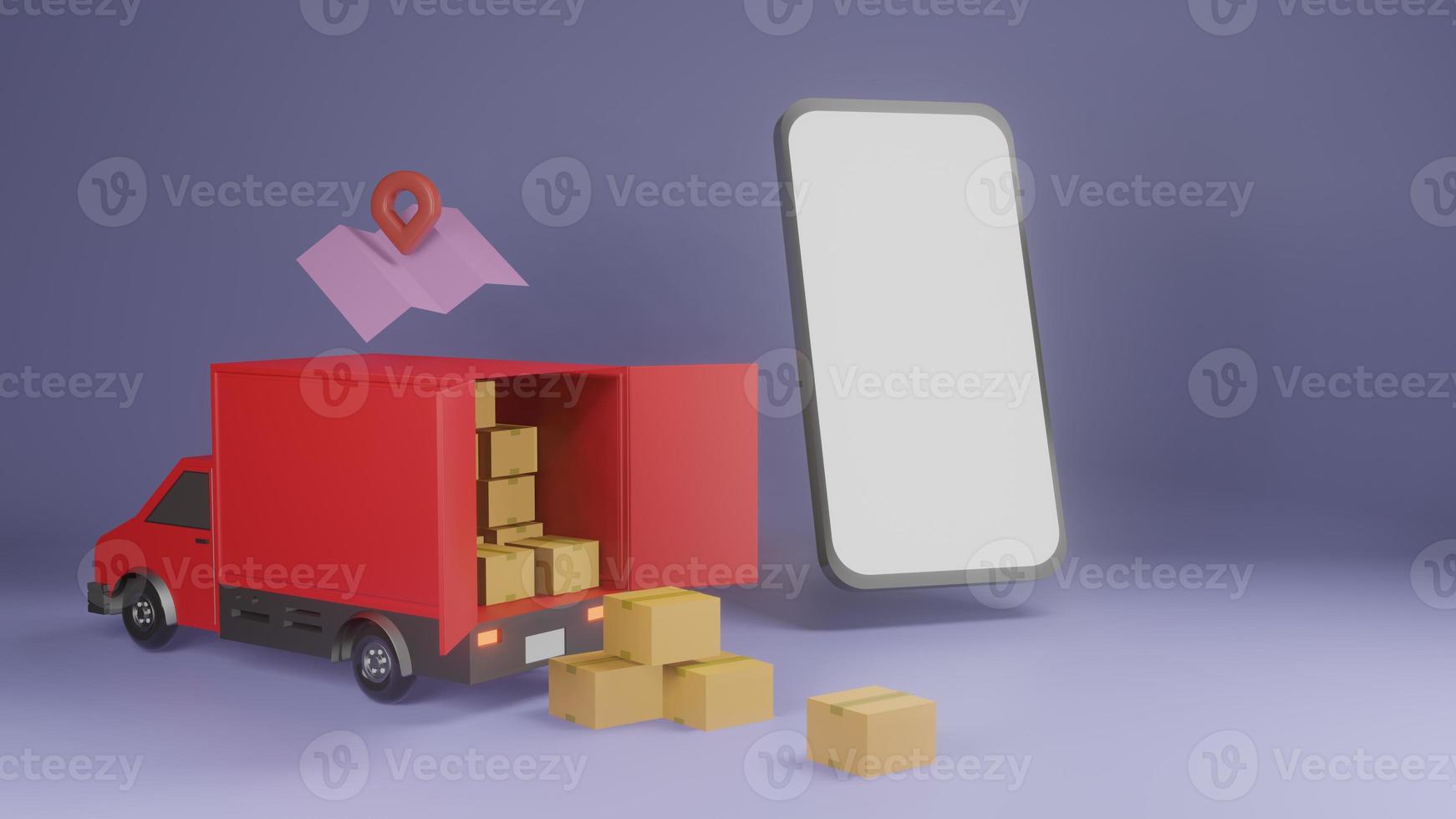 Package online shopping and delivery. Heap of boxes and red pickup truck on purple background. 3d render photo