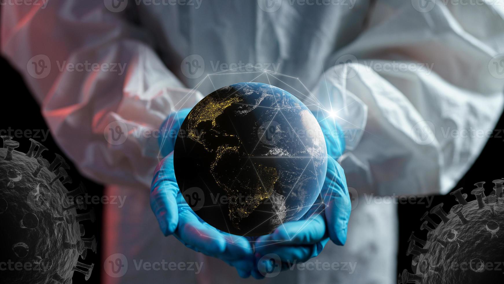 Woman in hazmat suit holding globe in the hand, stop virus for save the world. corona virus or Covid-19 protection. photo