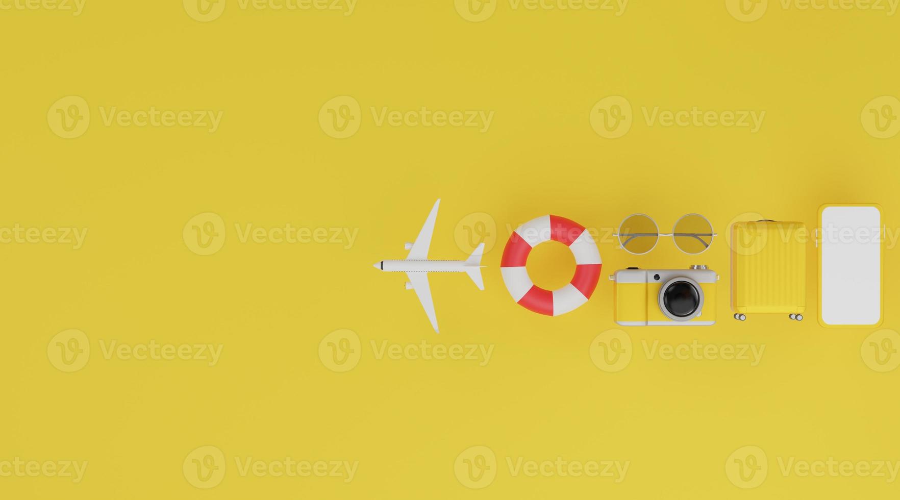Happy New year White screen mobile mockup, swimming rubber ring, airplane, luggage, camera and sunglasses over yellow background travel concept. 3d rendering photo