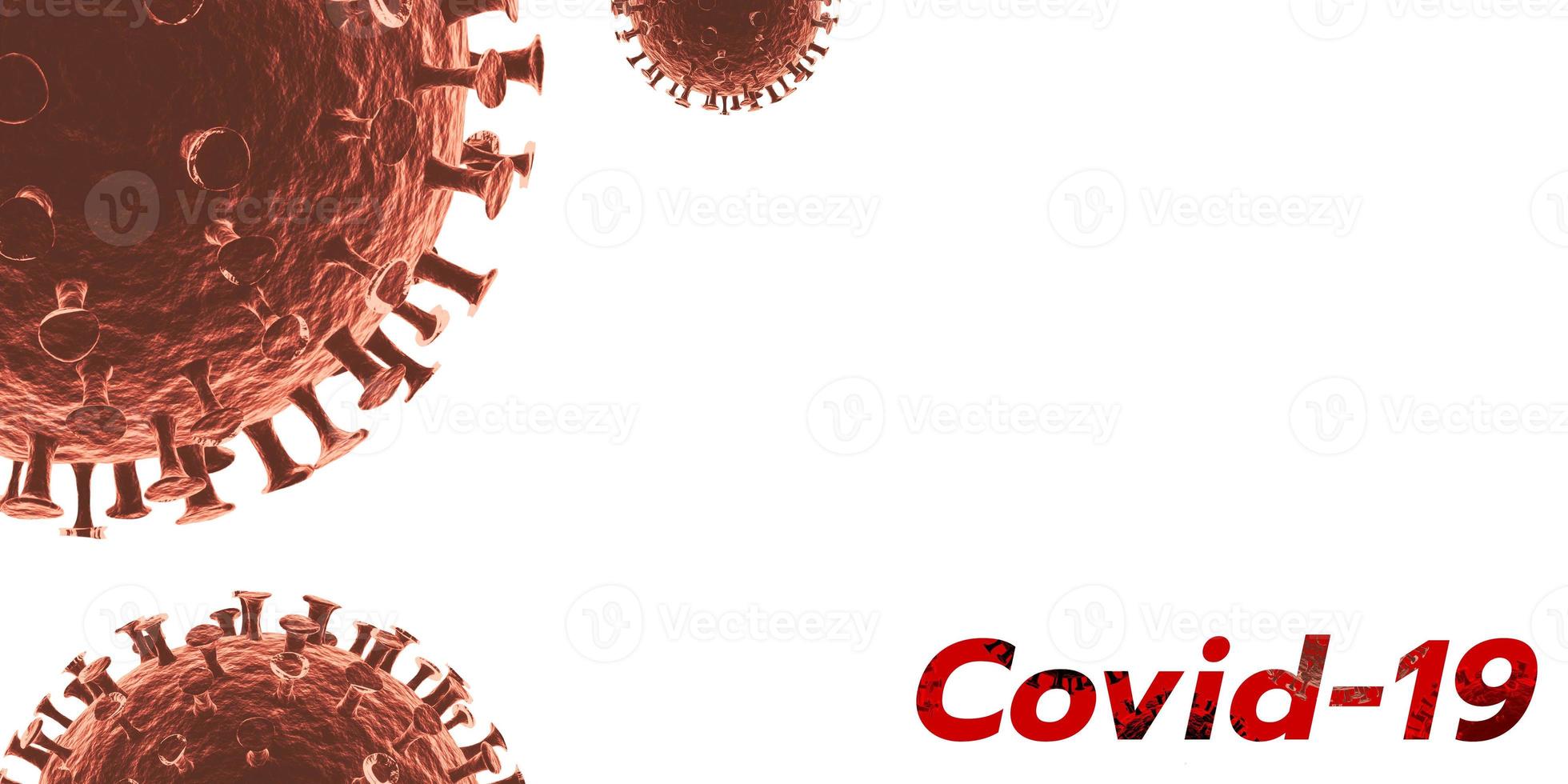 Red text COVID-19 with virus graphic on white background, name for Coronavirus disease. 3d photo