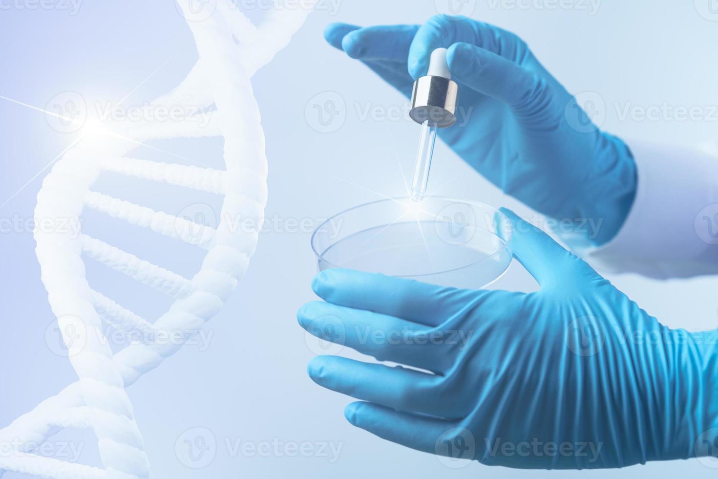Scientist hand holding a petri dish with DNA, scientific background. 3d rendering. photo