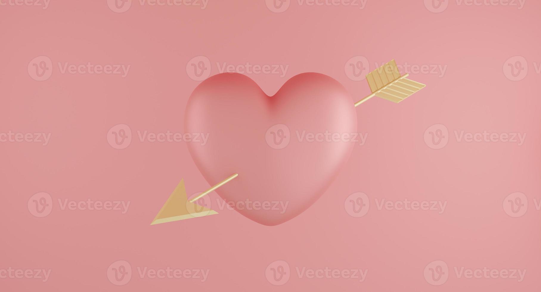 Valentine's Day concept, pink hearts balloons with gold arrow on pink background. 3D rendering. photo
