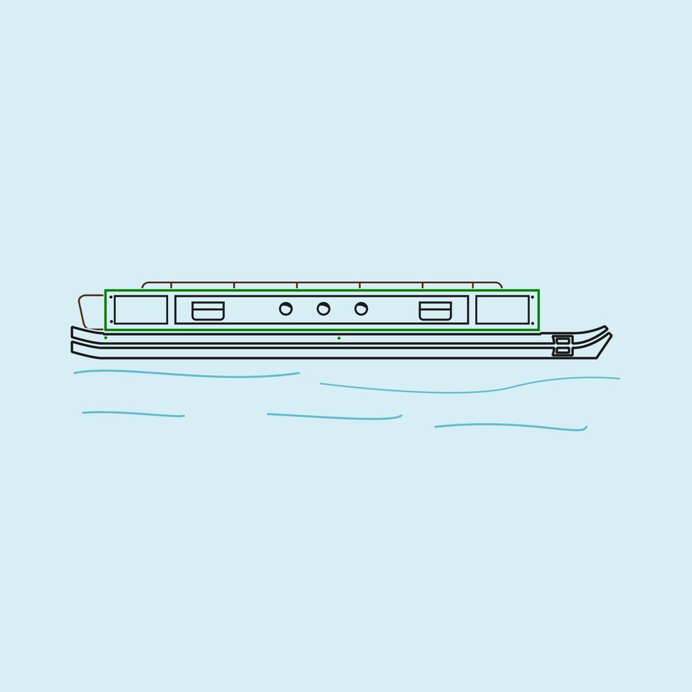 ilustración de vector de barco estrecho de vista lateral editable con ondas de agua en estilo de contorno para elemento de arte de transporte o recreación del diseño relacionado con el reino unido o europa