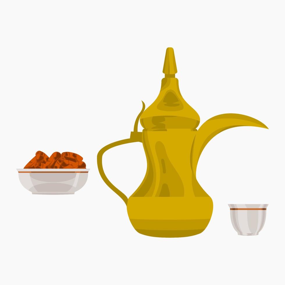 Editable Isolated on White Background Side View Arab Coffee and Date Palm Fruits in a Bowl Vector Illustration for Cafe with Middle Eastern Culture Tradition and Islamic Moments Related Design