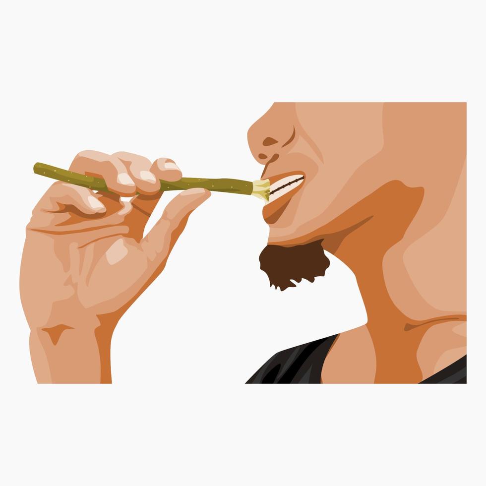 hombre barbudo aislado editable cepillando los dientes usando la ilustración vectorial miswak para un concepto de estilo de vida saludable con cultura islámica o ayurvédica vector