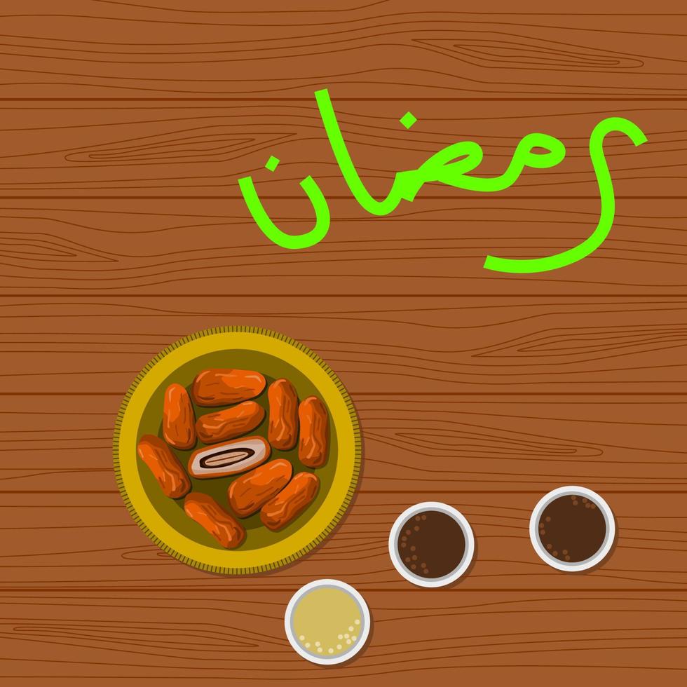 vista superior editable fechas fruta y tazas de café ilustración vectorial sobre fondo de madera para plantilla de póster de fiesta iftar con escritura árabe de ramadán vector