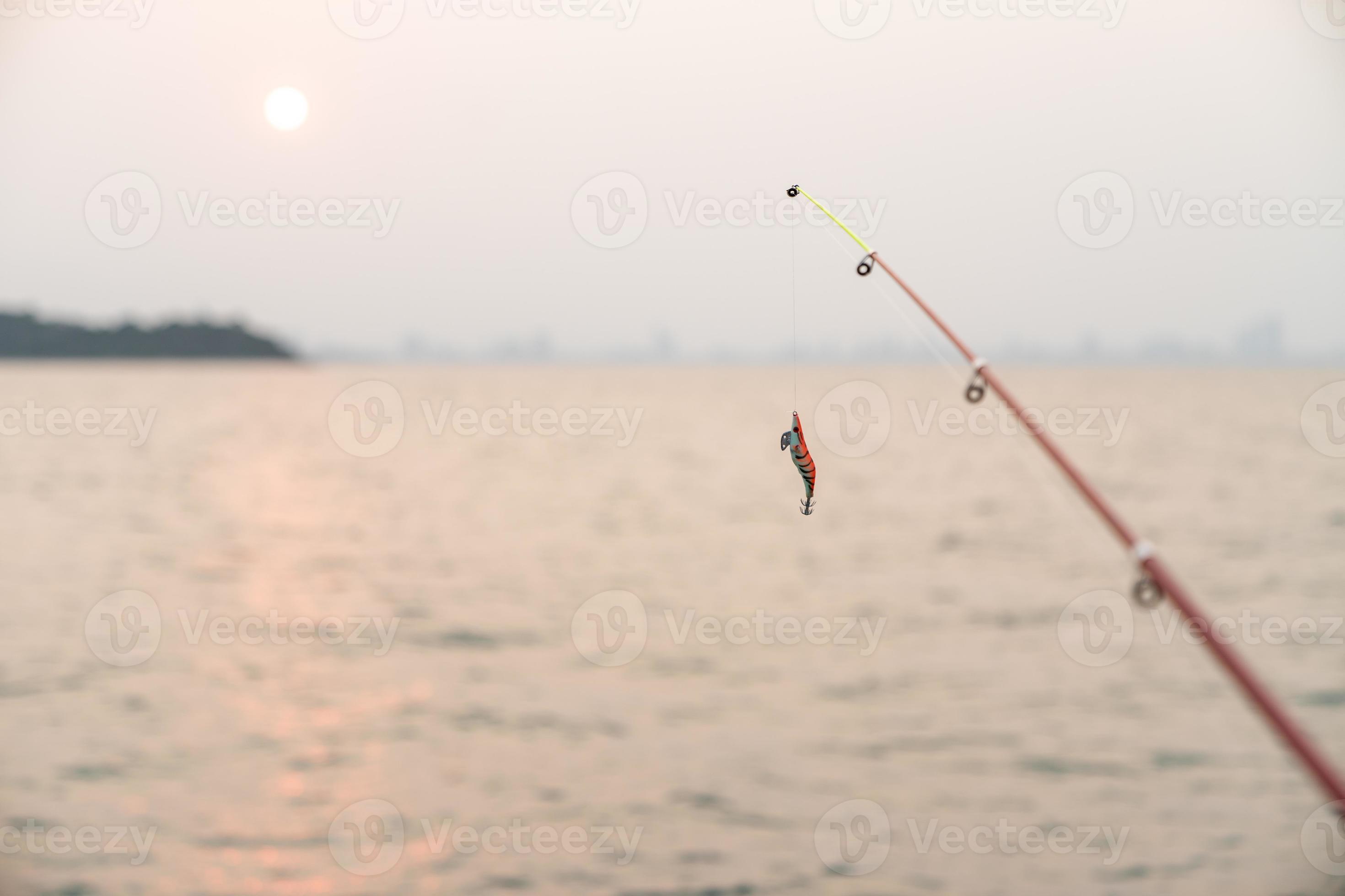 Artificial small fish on a fishing rod with sea background, fishing at  sunset. 12490622 Stock Photo at Vecteezy