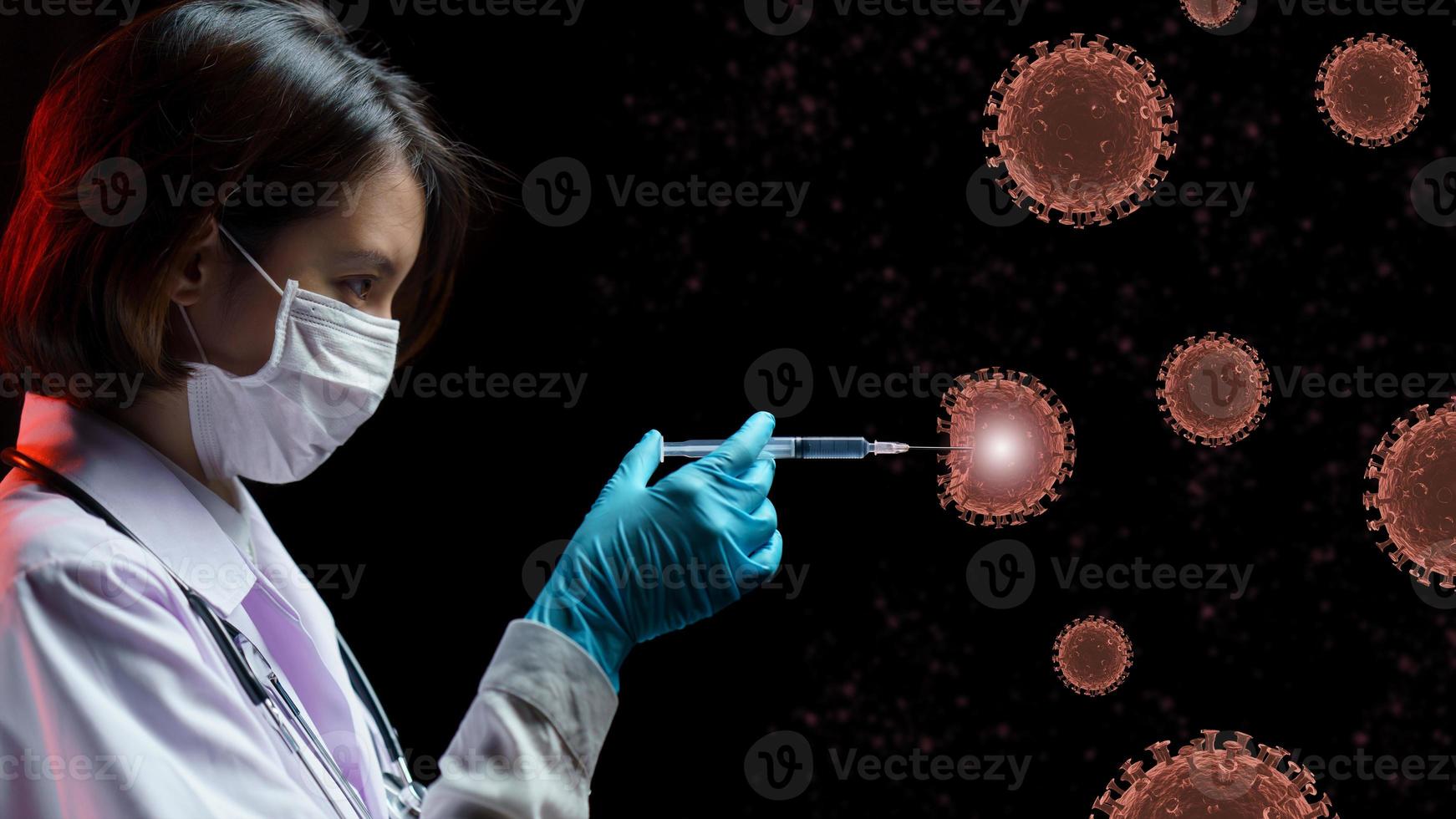 Woman doctor use medicine plastic vaccination equipment with needle of corona virus vaccine injection to corona virus. photo