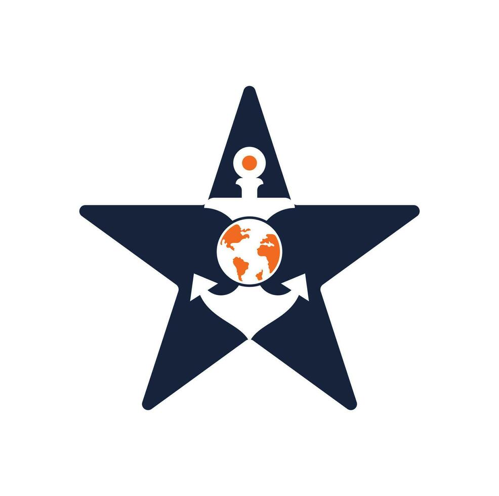 Anchor Globe star shape concept Logo Template. Anchor and planet logo combination. Marine and world symbol or icon. vector