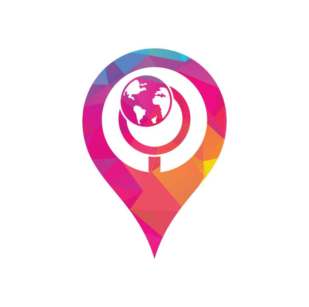 Globe search map pin shape concept logo vector icon. world and loupe logo combination. Unique globe and search logotype design template.