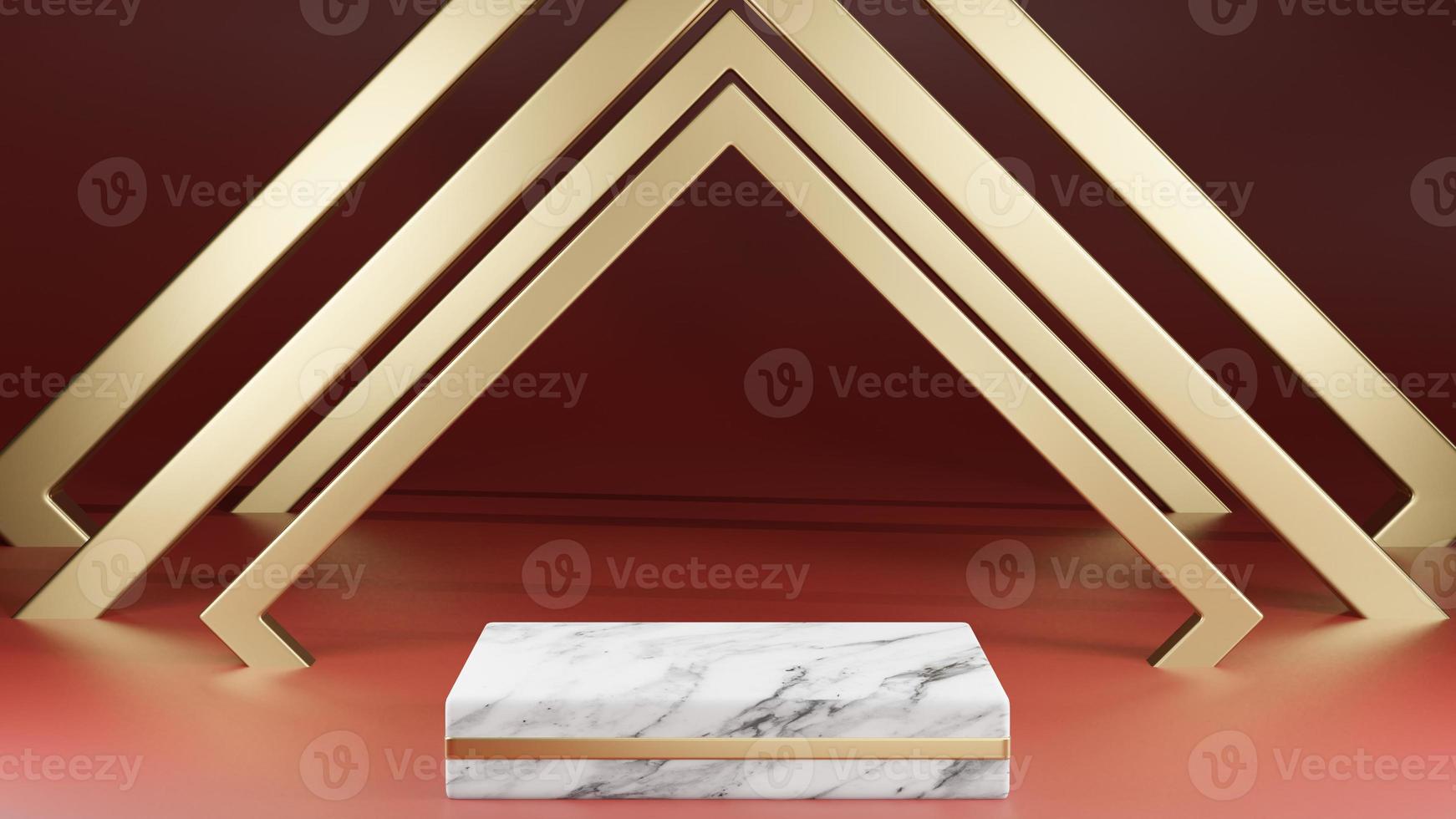 Mockup white marble and gold square shape pedestal with gold decoration on red background, 3d rendering photo