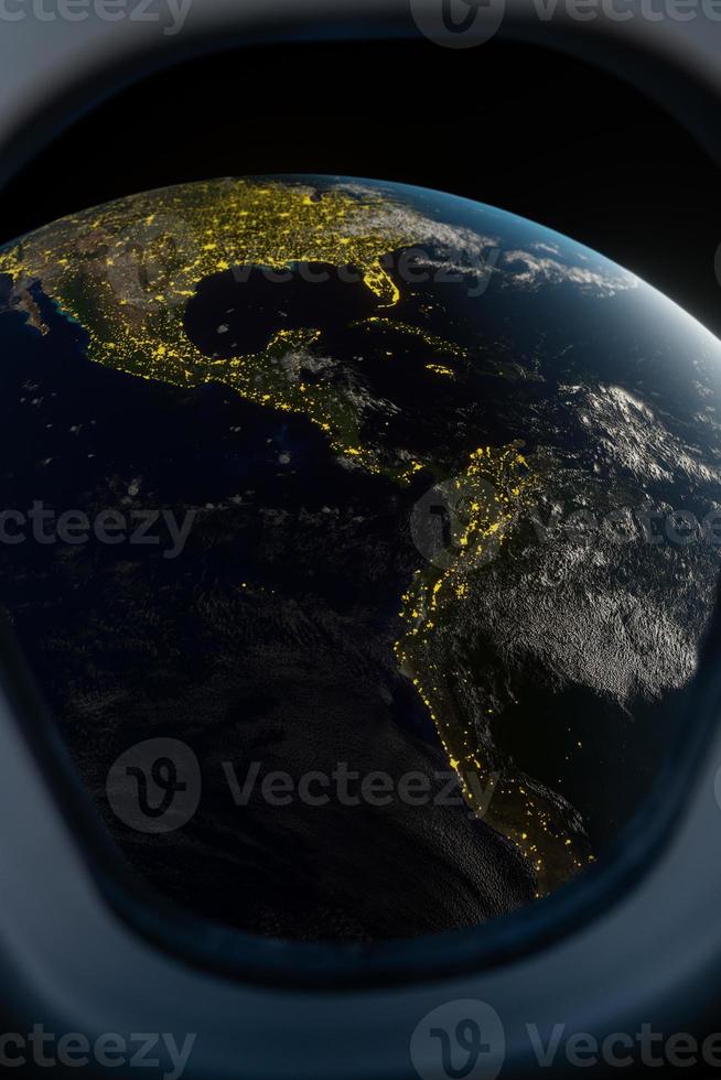 Earth view from spaceship window. 3D render photo