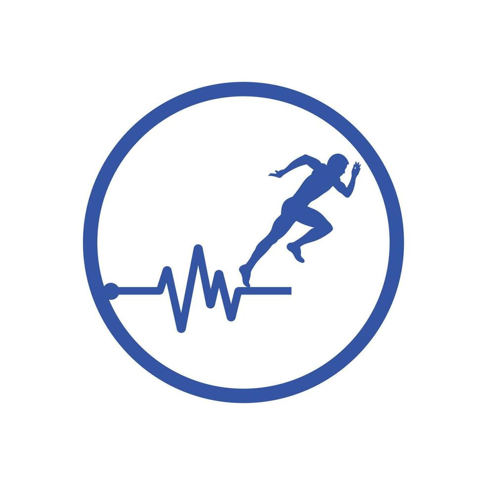 vector de icono de diseño de logotipo de maratón de pulso. diseño del logotipo de cuidado de la salud corporal. hombre corriendo con el icono del latido del corazón del ecg de línea.