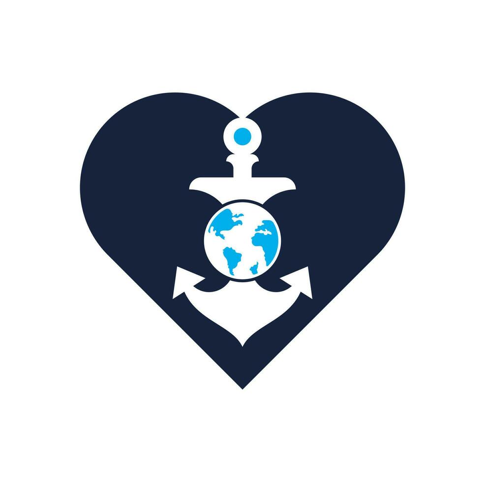 Anchor Globe heart shape concept Logo Template. Anchor and planet logo combination. Marine and world symbol or icon. vector