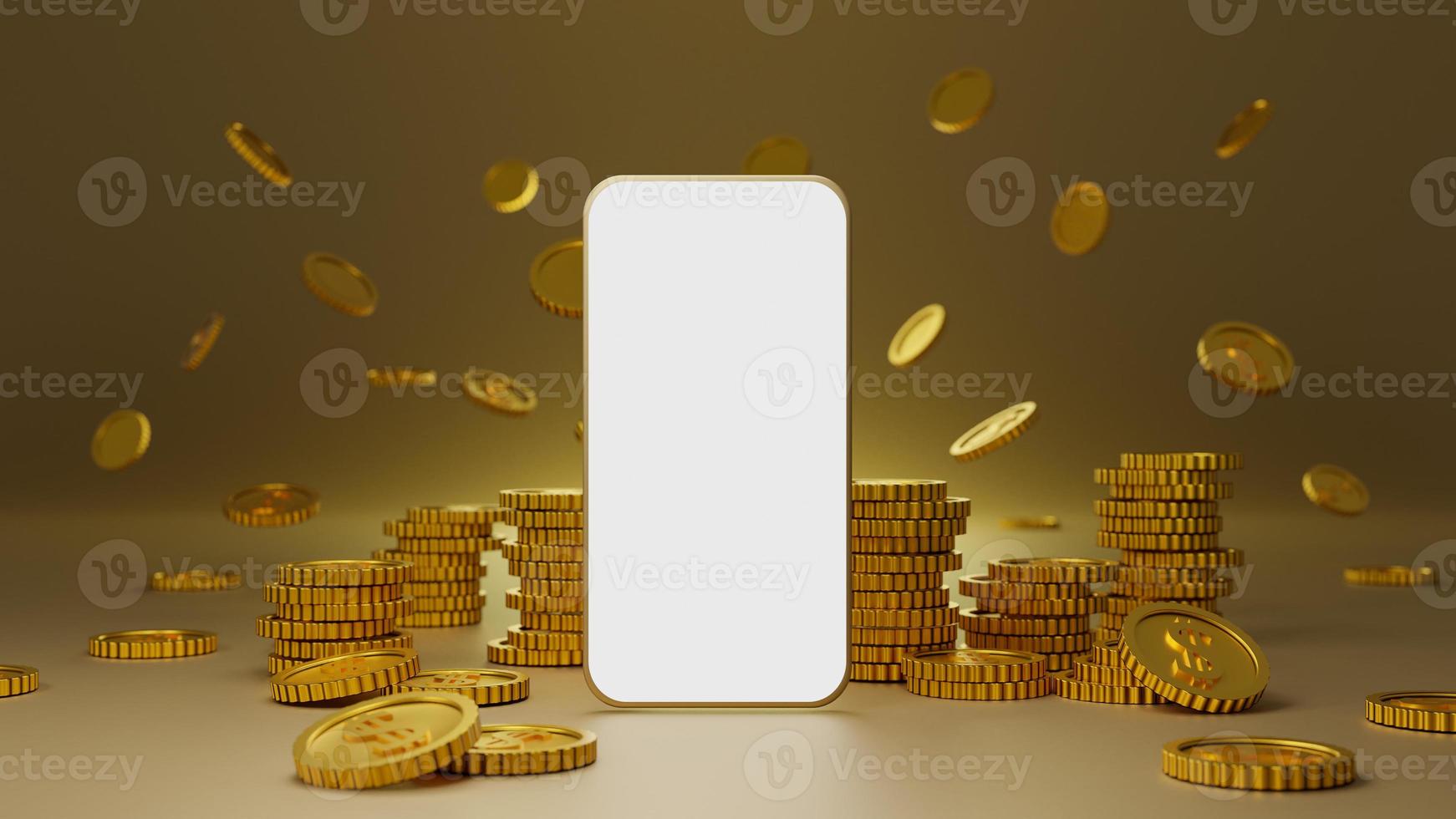 Stack of golden coins with white screen mobile mockup over gold background. 3D rendering. photo