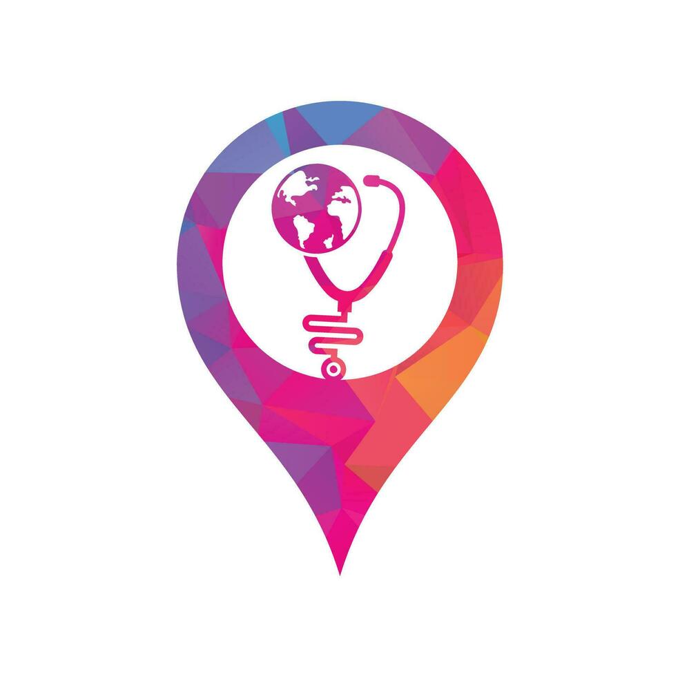 Stethoscope globe map pin shape concept logo design vector. World Medical Logo Template Design. vector
