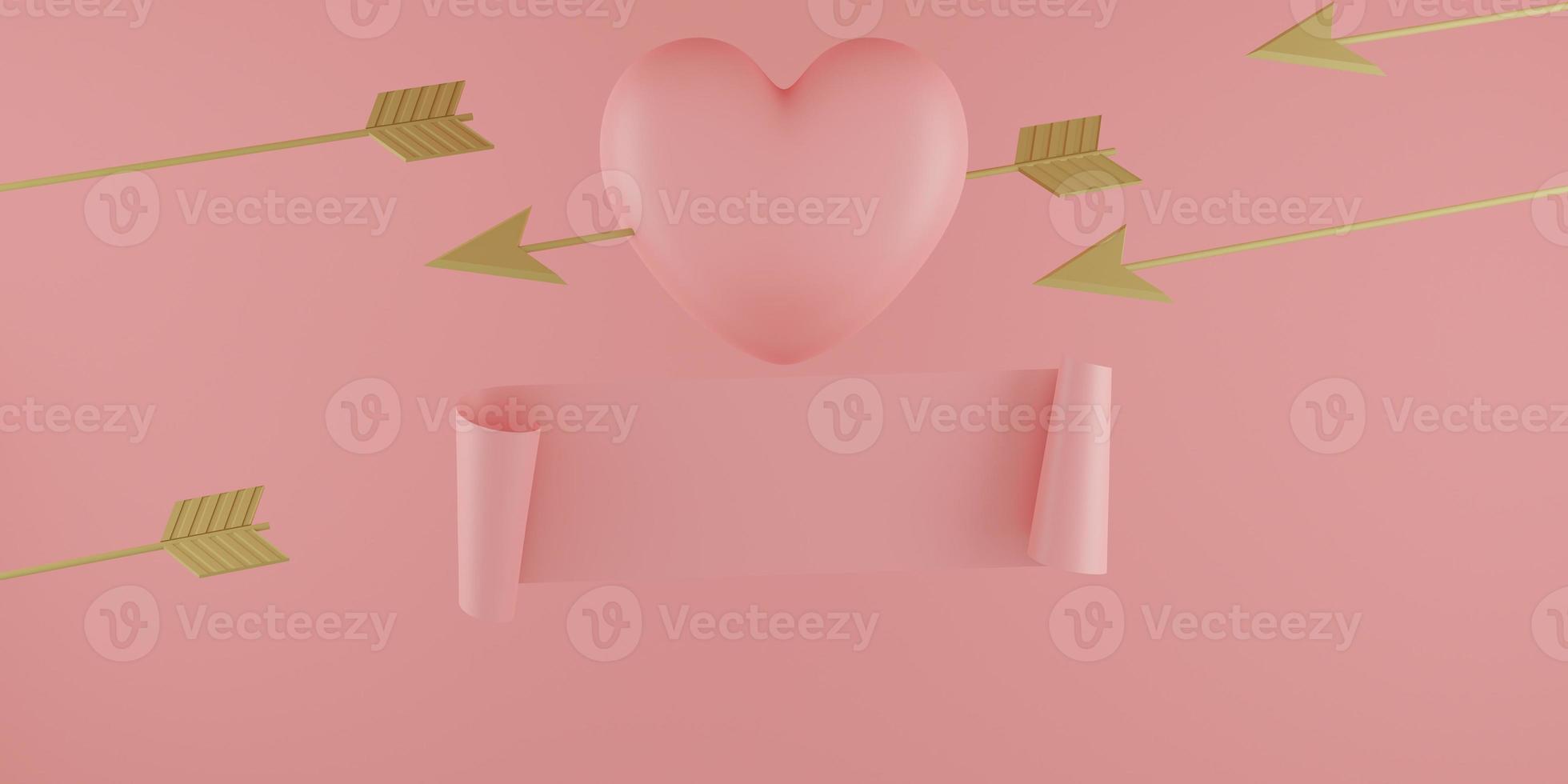 Valentine's Day concept, pink hearts balloons with gold arrow and banner on pink background with empty space for text. 3D rendering. photo
