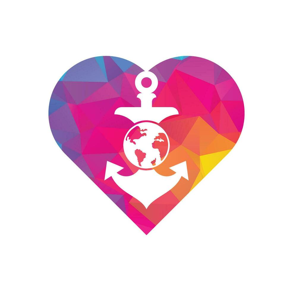 Anchor Globe heart shape concept Logo Template. Anchor and planet logo combination. Marine and world symbol or icon. vector