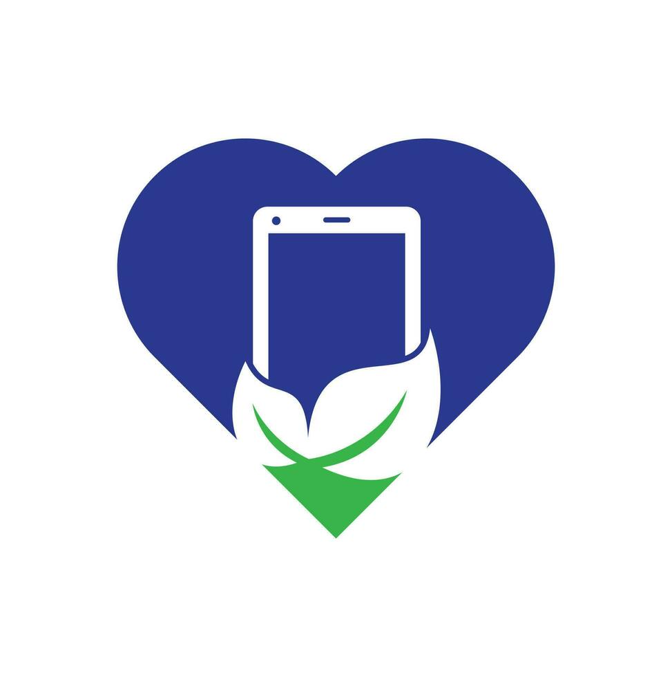 plantilla de logotipo de vector de concepto de forma de corazón de teléfono de naturaleza. teléfono móvil con diseño de logotipo de signo de hoja.