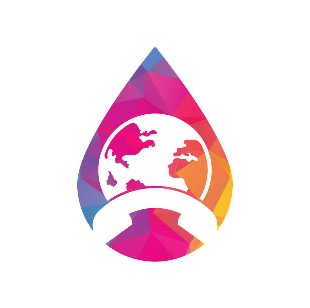 Call and globe drop shape concept icon. Globe with handset vector logo icon.