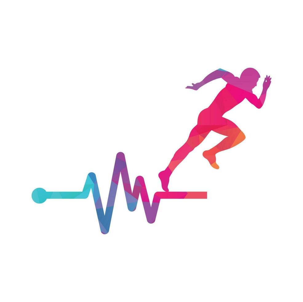 vector de icono de diseño de logotipo de maratón de pulso. diseño del logotipo de cuidado de la salud corporal. hombre corriendo con el icono del latido del corazón del ecg de línea.