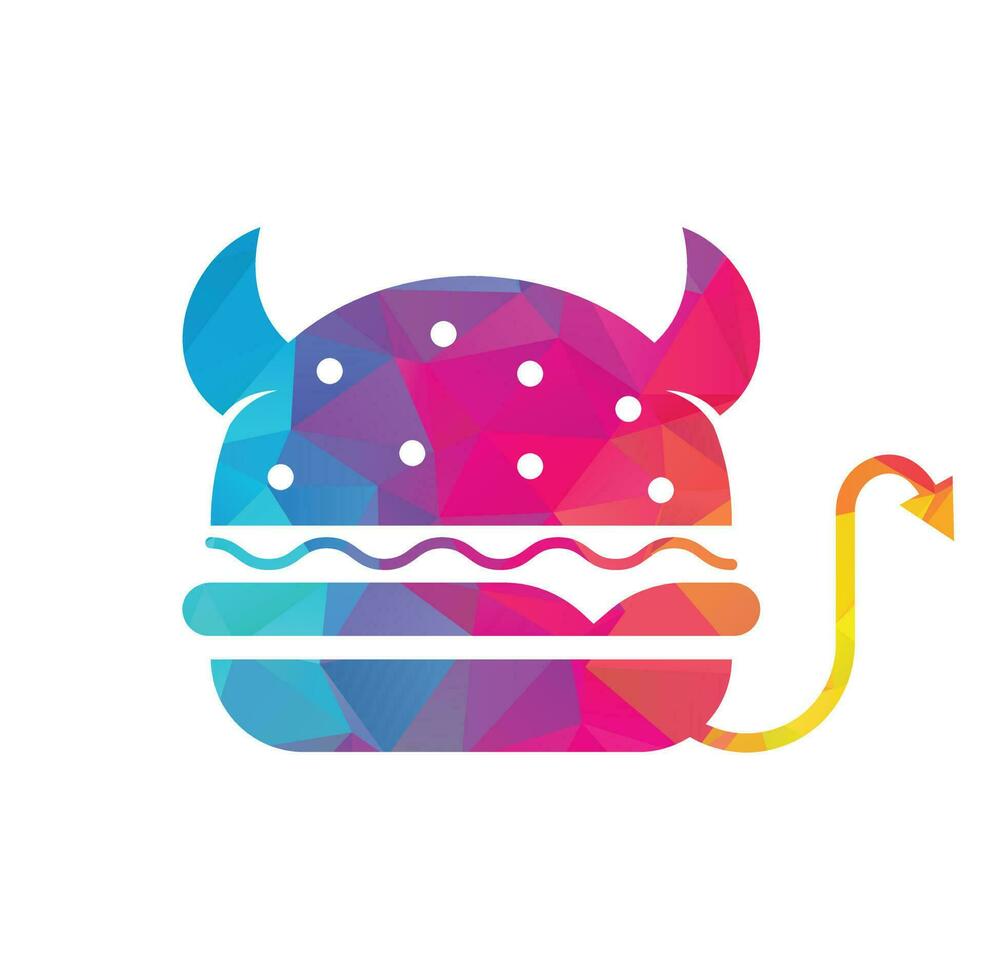 diseño del logo de la hamburguesa monstruosa. vector de ilustración de mascota de diablo de hamburguesa