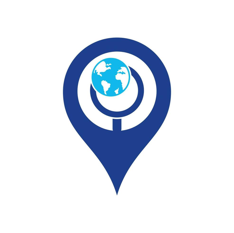 Globe search map pin shape concept logo vector icon. world and loupe logo combination. Unique globe and search logotype design template.