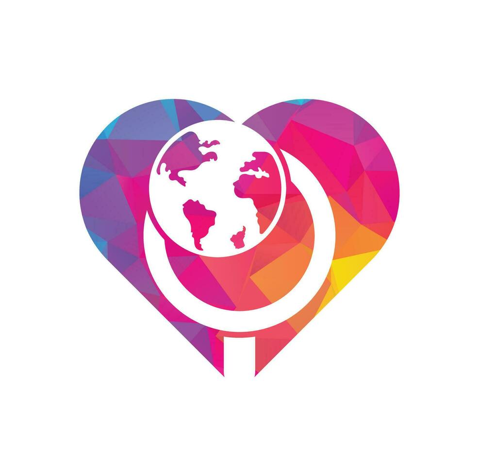 Globe search heart shape concept logo vector icon. world and loupe logo combination. Unique globe and search logotype design template.