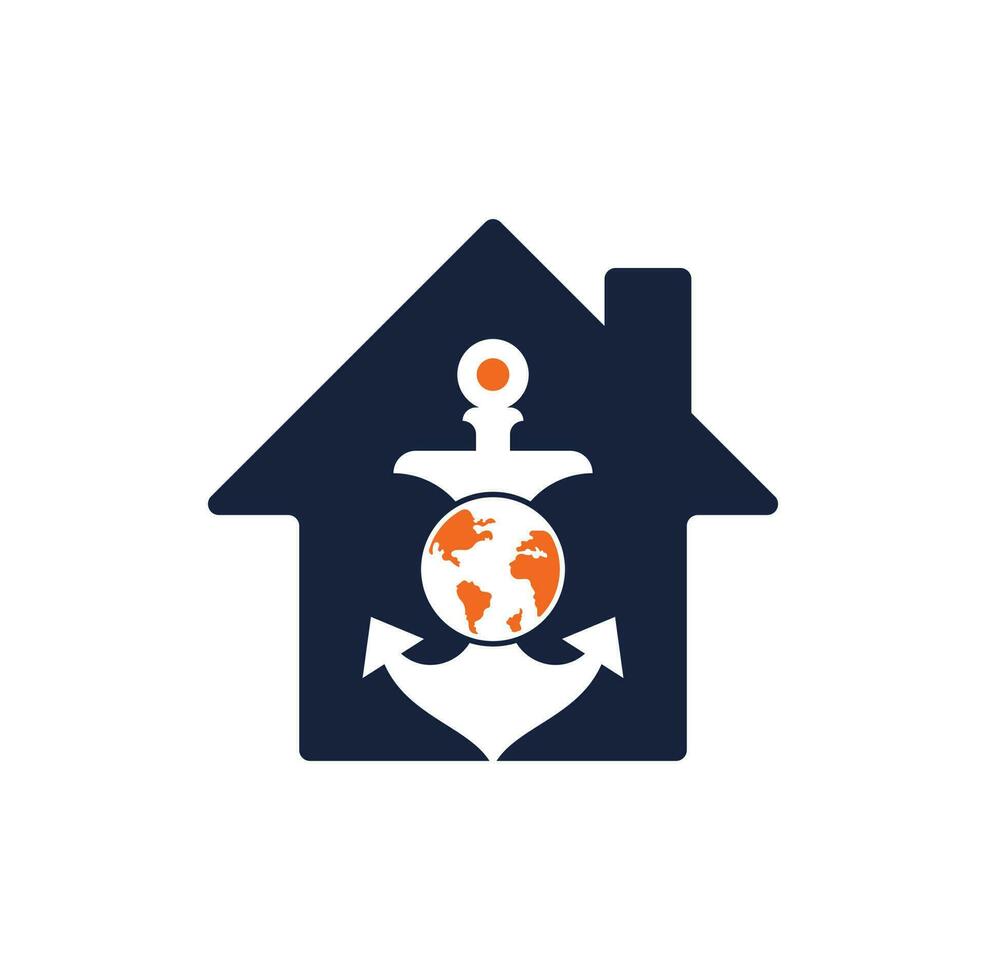 plantilla de logotipo de concepto de forma de hogar de globo de anclaje. combinación de logo de ancla y planeta. símbolo o icono marino y mundial. vector