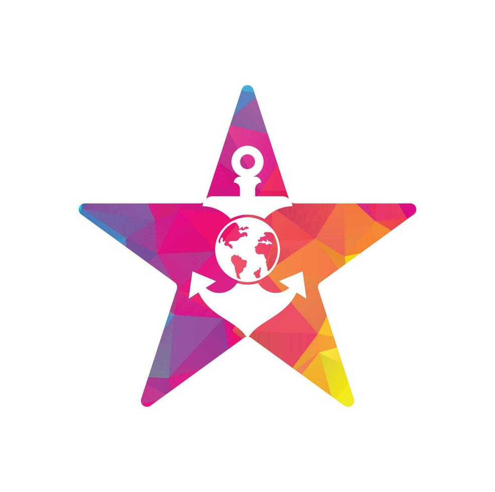 Anchor Globe star shape concept Logo Template. Anchor and planet logo combination. Marine and world symbol or icon. vector