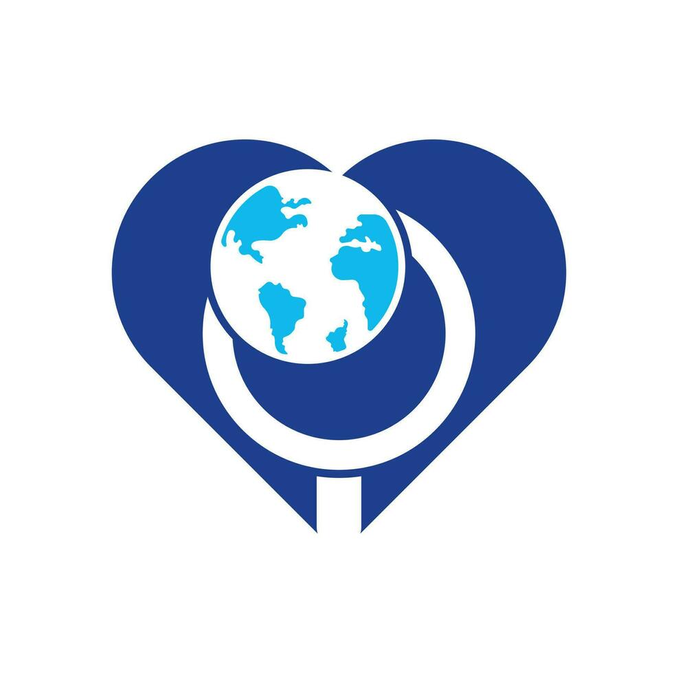 icono de vector de logotipo de concepto de forma de corazón de búsqueda de globo. combinación de logo de mundo y lupa. plantilla única de diseño de logotipo de globo y búsqueda.
