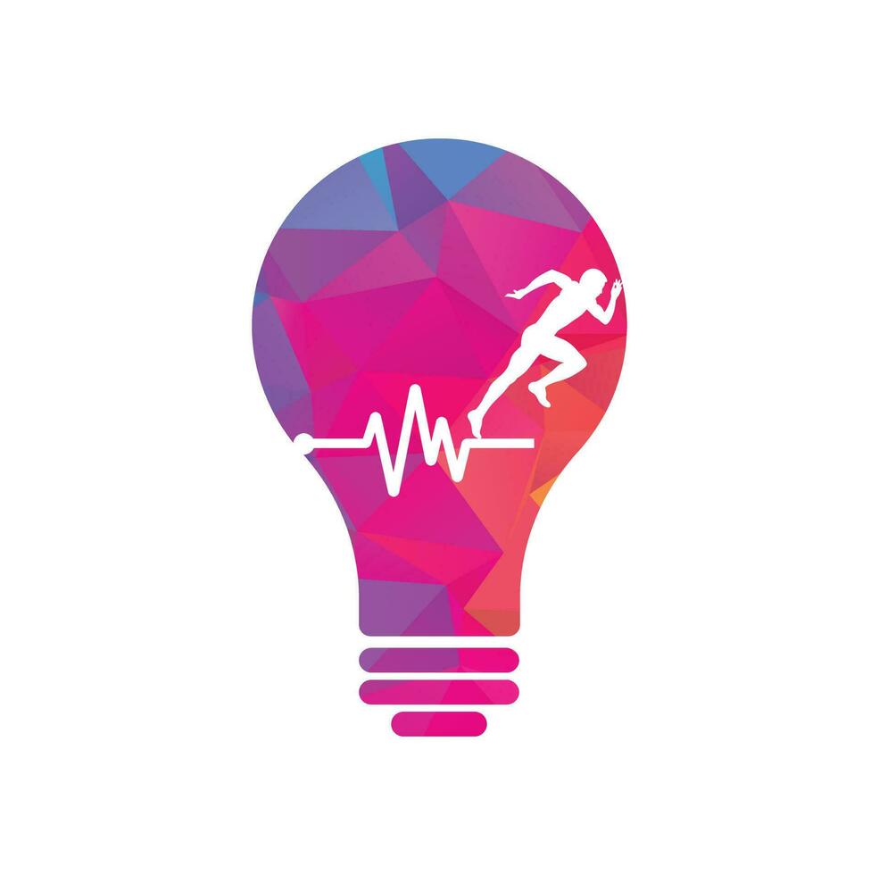 vector de icono de diseño de logotipo de concepto de forma de bulbo de maratón de pulso. diseño del logotipo de cuidado de la salud corporal. hombre corriendo con el icono del latido del corazón del ecg de línea.