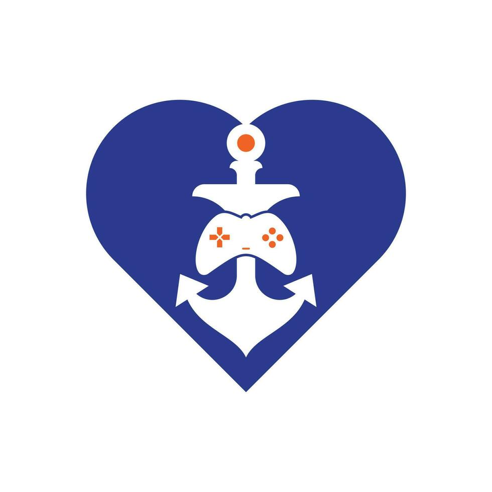 plantilla de logotipo de concepto de forma de corazón de ancla de juego. logotipo de joystick y ancla. icono de joystick y ancla. vector