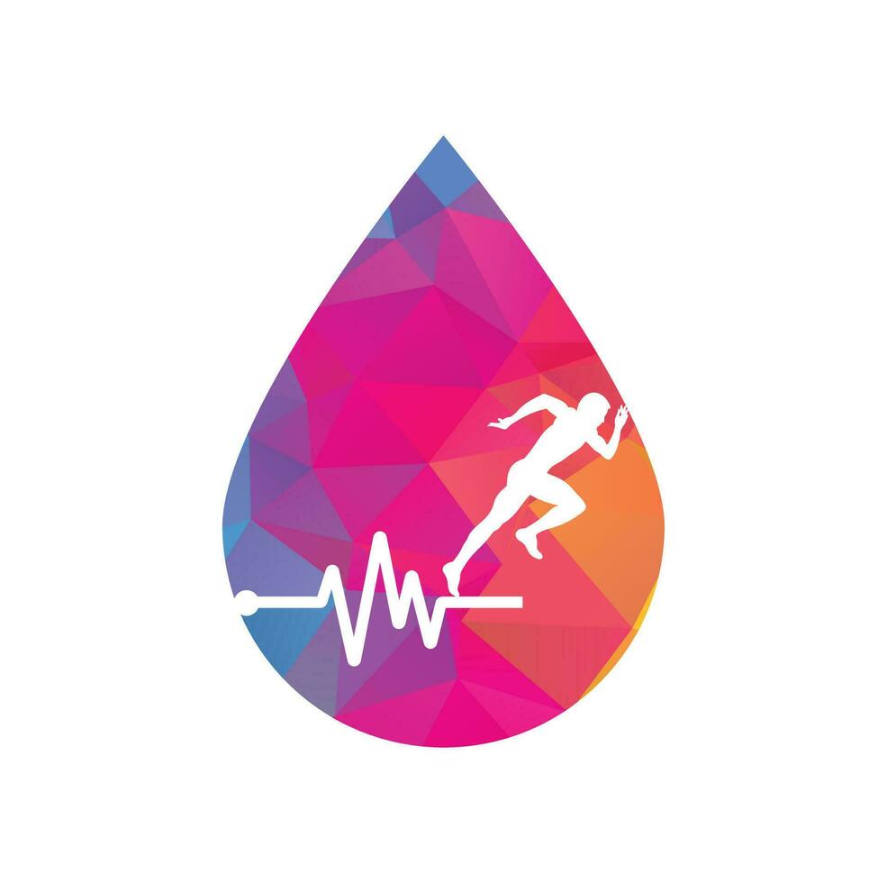 Pulse marathon drop shape concept logo design icon vector. Body Health Care Logo Design. Running man with line ecg heartbeat icon. vector