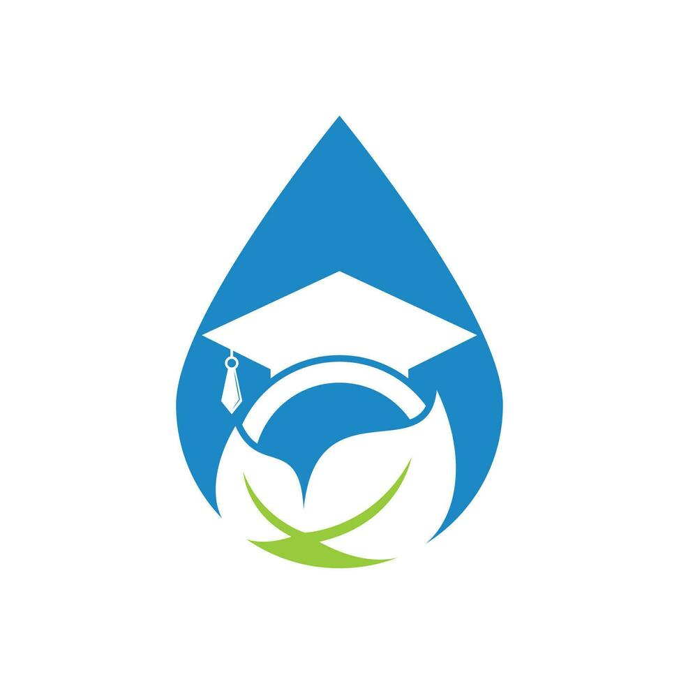 plantilla de logotipo de vector de concepto de forma de gota de estudiante de naturaleza. hoja con diseño de icono de vector de plantilla de logotipo de sombrero de graduación.