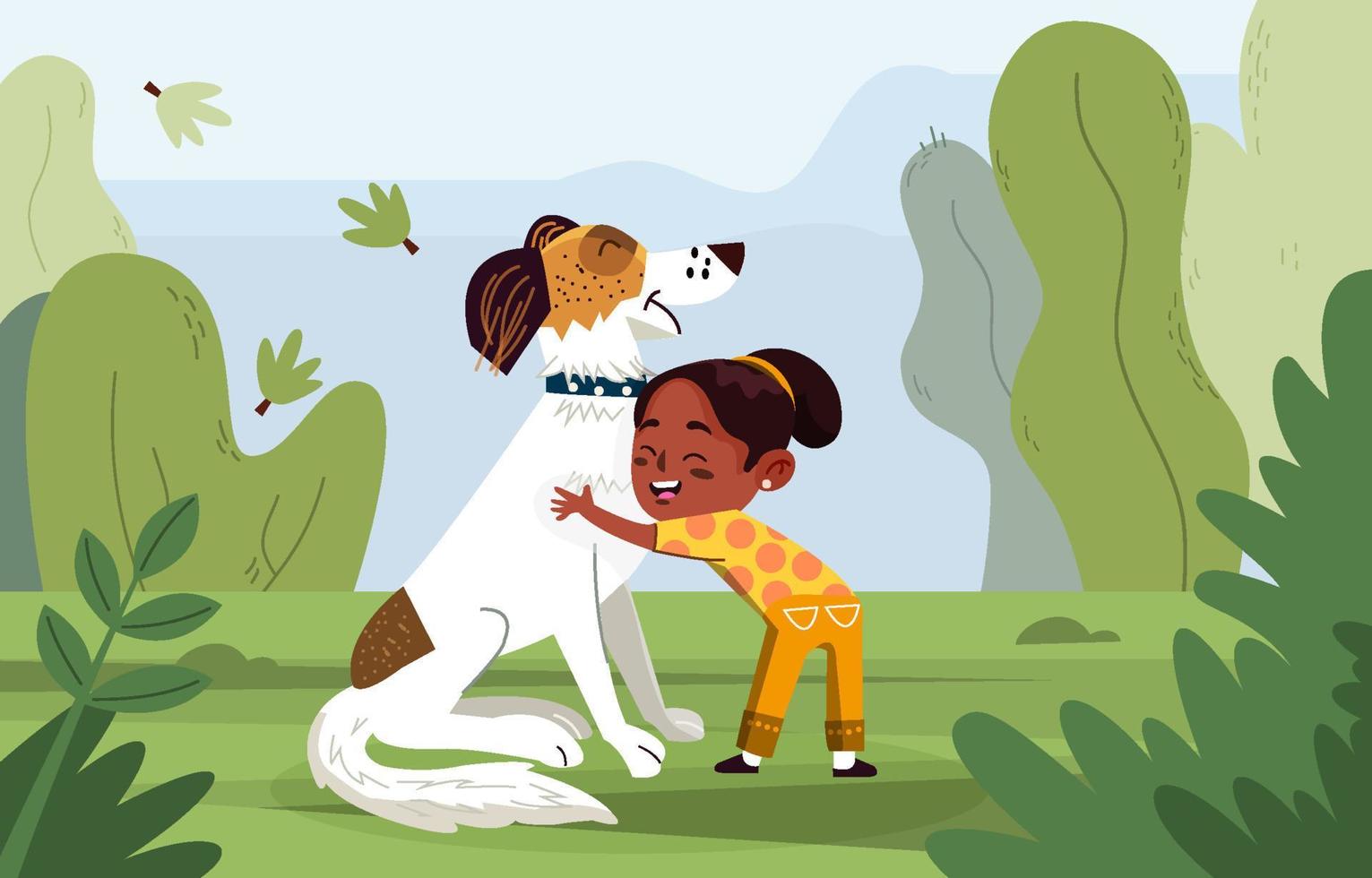 Girl Hug Her Dog in The Park Concept vector